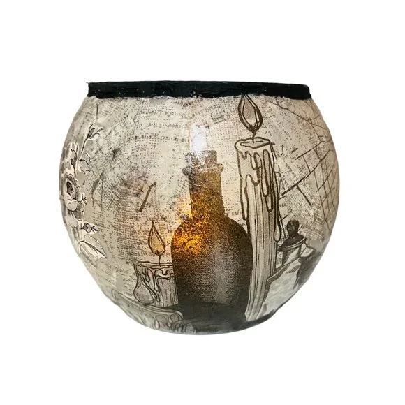 Handmade Halloween Design Glass Dome Candle Holder “Witches Cauldron” Decoupaged - Picture 11 of 13